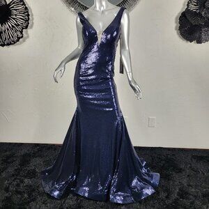 NWT~$595~AVA PRESLEY~SZ 2~NAVY BLUE SEQUIN PROM PAGEANT MERMAID FORMAL DRESS